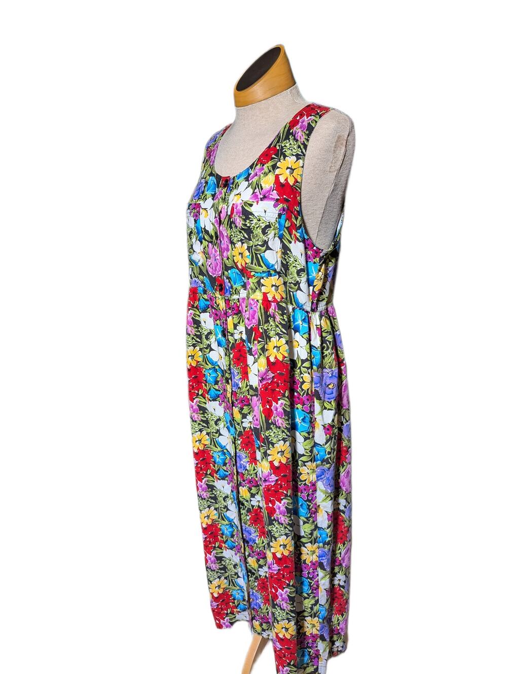 Vtg 1990s DPS Colorful Floral Print Button Up Sleeveless Maxi Sun Dress Sz S